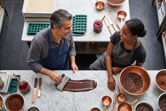 Two smiling chocolatiers working together at a marble counter in an artisanal kitchen, tempering melted chocolate with a metal scraper