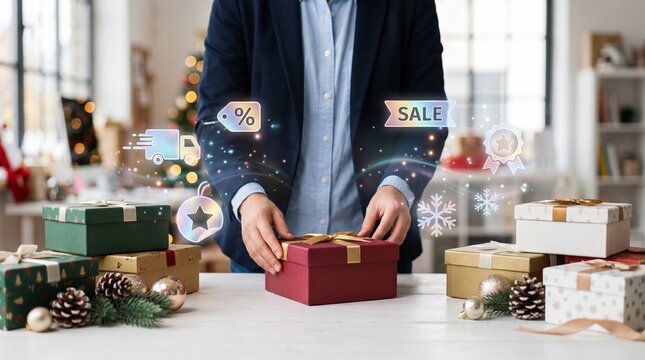 Person holding a red gift box with gold ribbon surrounded by digital icons for holiday sales delivery and discounts. E-commerce marketing concept with presents pine cones and ornaments on a white