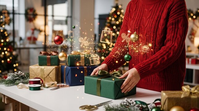 Person in a red sweater wrapping a green gift box with floating glowing digital icons of shopping bags percent signs and gifts Christmas holiday shopping and sale concept