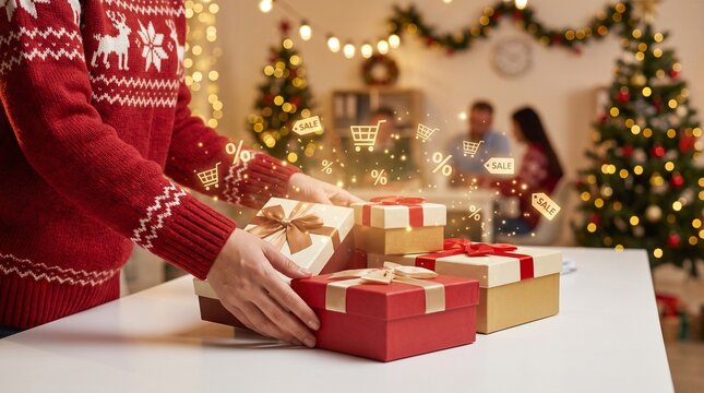 Person in Red Christmas Sweater Arranging Gift Boxes with Digital Shopping Cart and Sale Icons