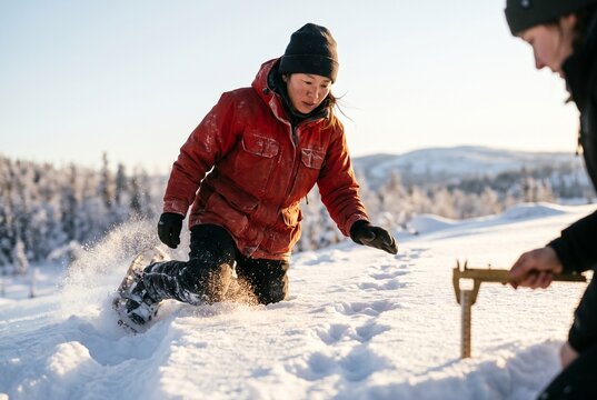 An Asian woman wearing a red jacket and snowshoes kneels in deep snow while a companion holds a measuring caliper during a winter field study