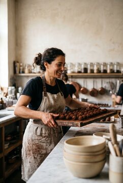 Smiling female chocolatier in a stained linen apron holding a wooden tray filled with handmade cocoa truffles inside a rustic artisanal kitchen