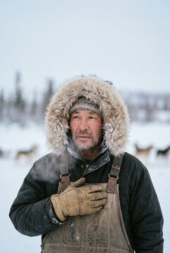 Portrait of a weathered indigenous man in a fur-trimmed hood and work overalls standing in a snowy arctic landscape with sled dogs blurred in the background