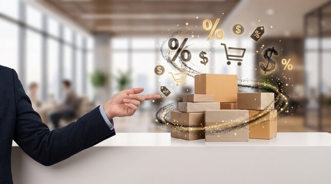 Businessman Pointing at Cardboard Boxes with Floating E-commerce Icons