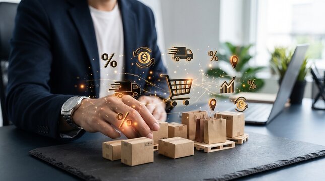 Businessman Managing E-commerce Logistics with Miniature Shipping Boxes and Shopping Bags Featuring Digital Icons for Online Shopping and Delivery