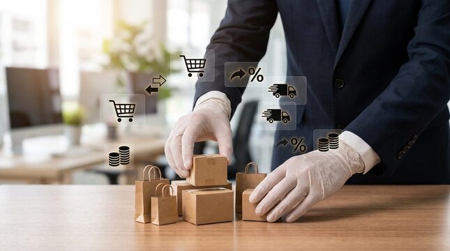 Businessman in a suit and white gloves organizing small cardboard boxes and shopping bags on a wooden desk with digital ecommerce icons representing safe online shopping logistics and delivery