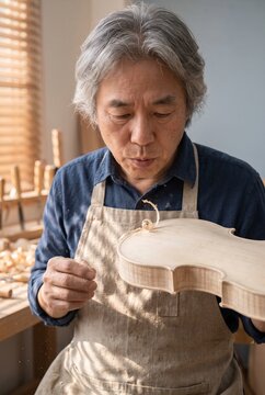 Senior Asian luthier blowing wood shavings off an unfinished violin body in a sunlit workshop, demonstrating traditional craftsmanship and dedication