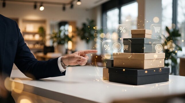 Businessman pointing at a stack of black and tan gift boxes with floating digital e-commerce icons including shopping carts and percentage signs representing online retail discounts and delivery