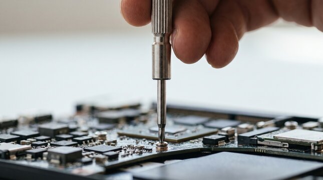Technician using a precision screwdriver to repair a smartphone circuit board