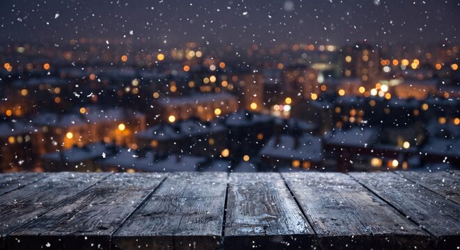 Winter city background with falling snow over wooden table, blurred night skyline with bokeh lights, rustic timber surface for seasonal advertising