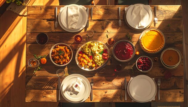 Thanksgiving meal on a wooden table.