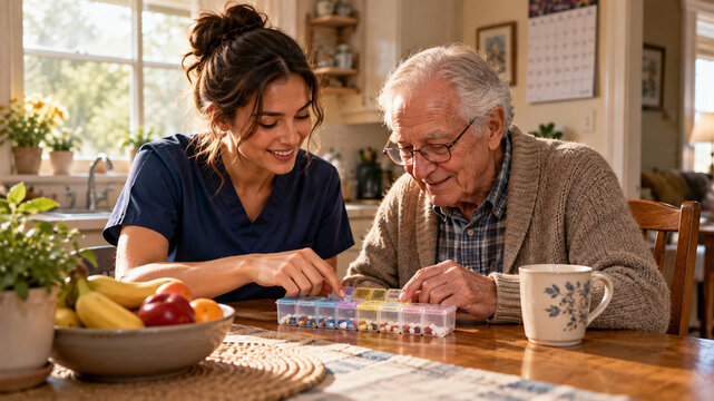 Young female caregiver helping elderly man organize daily medication in a weekly pill organizer at home, smiling nurse assisting senior patient with medication management and healthcare routine