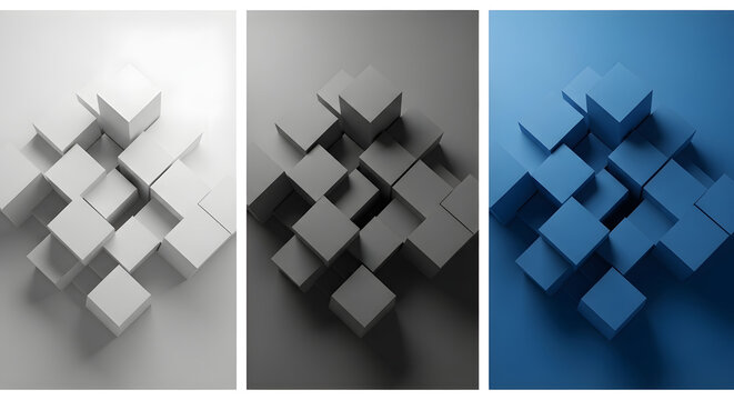 Abstract 3d geometric cube blocks composition set in white gray blue shades.