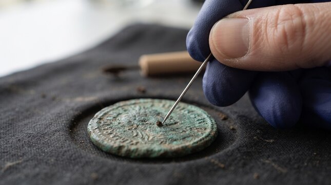 Restoring an ancient coin with a needle and gloves in a workshop