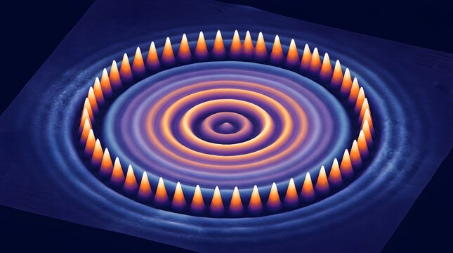 Quantum corral electron waves captured in scanning tunneling microscopy revealing circular concentric ripples glowing orange against dark blue