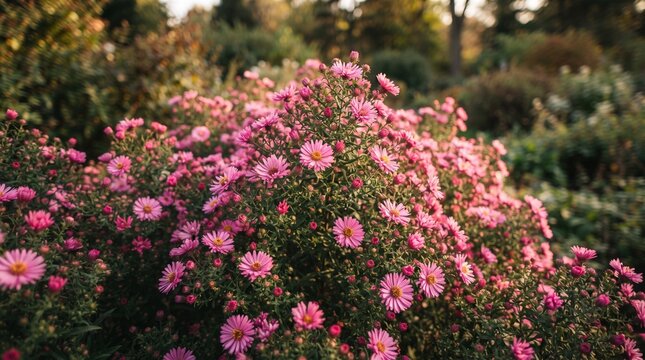Vibrant bush of pink autumn flowers blooming in a scenic garden setting