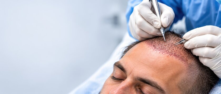 Close Up of Hair Transplant Surgery on Male Patient with Surgeon Implanting Hair Follicles into Scalp