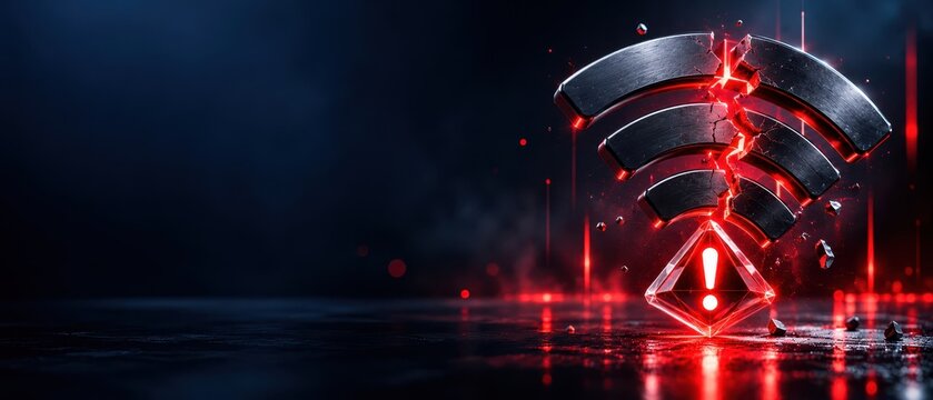 Broken WiFi Signal Symbol with Red Warning Alert and Glowing Cracks Representing Internet Connection Failure