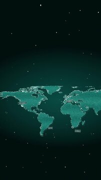 Vertical video: Animating teal world map lighting left-right on dark stars, showing nodes lines UI