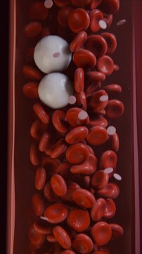 Vertical video: Entering white spheres pushing red cells down narrow vessel, platelets drifting