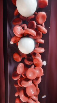 Vertical video: Flowing red disc stream, 2 pale spheres rising in narrow vessel, platelets present