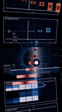 Vertical video: Appearing prism showing radial hub, HUD animating live currency codes on monitor
