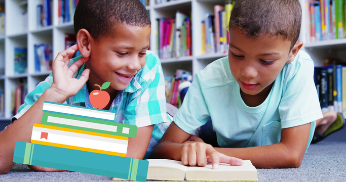 Image of books moving over happy diverse schoolboys reading book at school