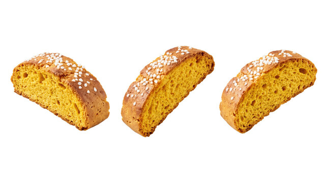 Three slices of golden yellow toasted bread topped with white sugar crystals arranged in a row isolated on a transparent background