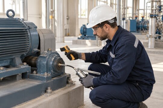 technician relubricates bearing overheating in a bright workshop