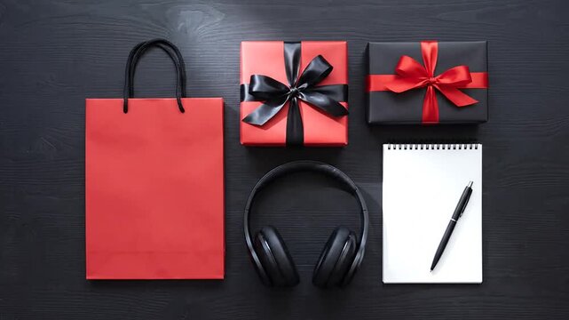 Red shopping bag gift boxes headphones and notebook on black table with moving light overhead flat lay