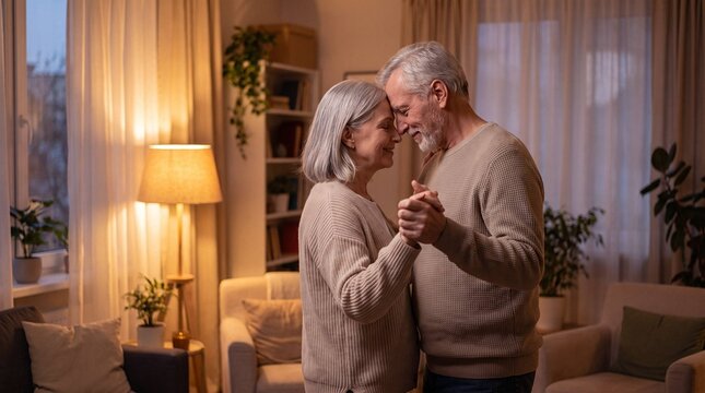 Loving Senior Couple Slow Dancing Forehead to Forehead in Cozy Living Room at Home, Happy Retired Husband and Wife in Beige Sweaters, Romantic Long Marriage