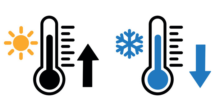 Temperature change graphic: rising heat (sun, up arrow), falling cold (snowflake, down arrow).