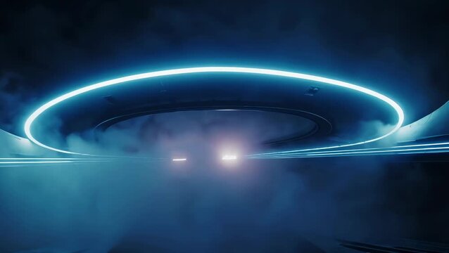 Futuristic Hovercraft Emerges from Fog with Glowing Light Ring