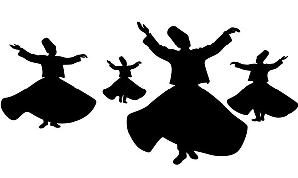 Minimalist black silhouette vector of whirling dervishes performing traditional Sufi whirling dance