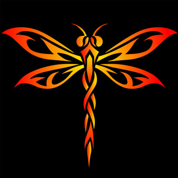 orange and red gradient tribal dragonfly vector illustration set against a solid black background