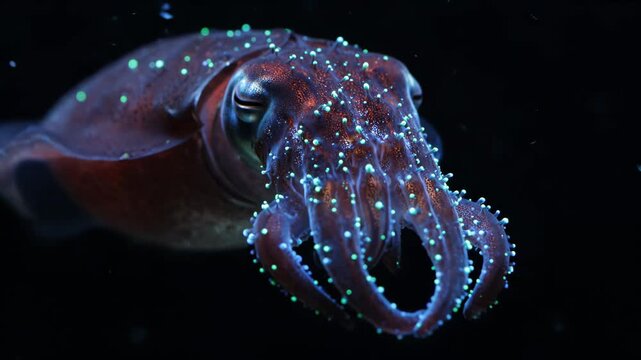 Bioluminescent squid swimming in deep ocean dark background macro