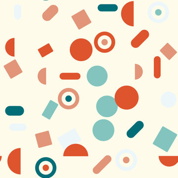 Abstract geometric seamless pattern with colorful circles and squares on cream background