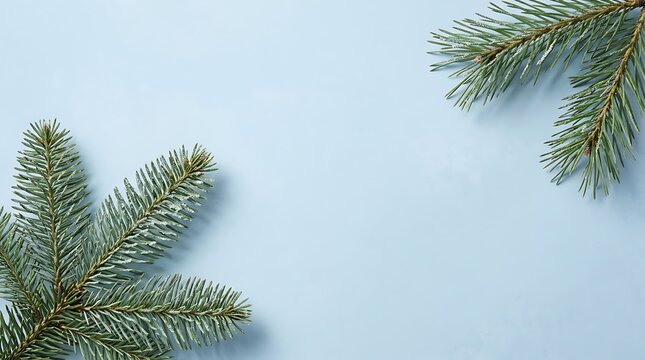 Festive evergreen branches with frost on a light blue background