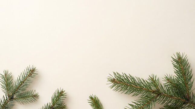 Winter evergreen boughs and sprigs along a neutral toned wall background