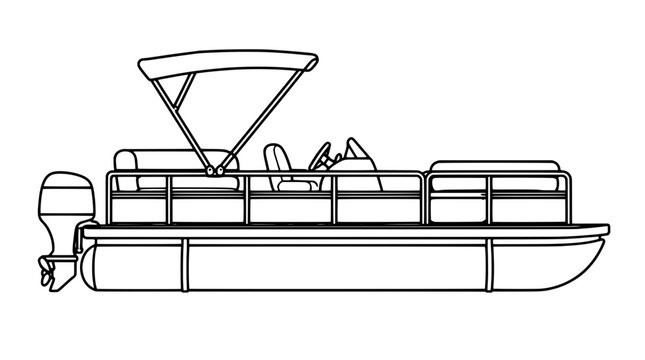 Motorized pontoon pleasure boat featuring cylindrical aluminum floats safety deck rails upholstered benches and bimini canopy drawn as a detailed black outline vector icon of lake leisure