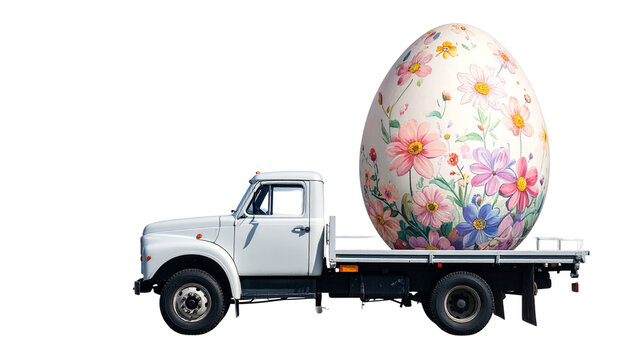 a gigantic Easter egg loaded on truck, isolated on transparent background.