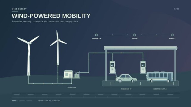 Wind powered mobility infographic connects turbines to an electric vehicle charging station with cars and buses in a flat vector animation illustrating renewable electricity for sustainable transport