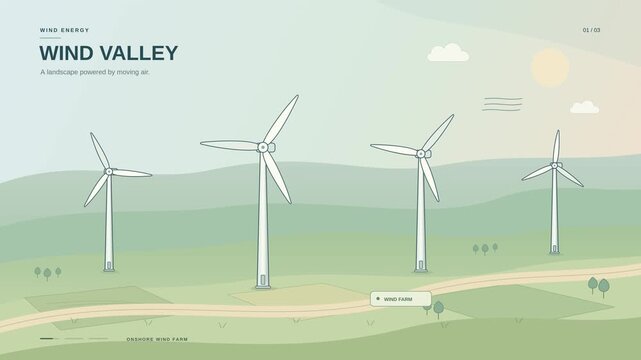 Wind turbines rotate across a green valley beneath a bright sky in a flat vector animation illustrating renewable electricity generation and sustainable energy within a peaceful rural landscape