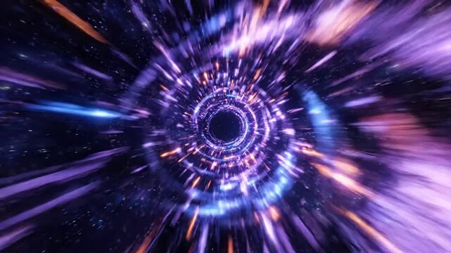 High-speed hyperspace wormhole tunnel with glowing purple and orange light streaks, cosmic warp travel background