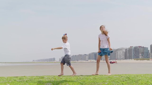 Girl and boy with kites are walking through the green seaweed slow motion long distance close-up shot tilt up camera movement
