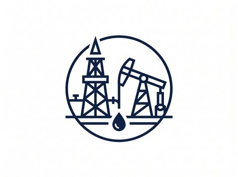 Minimalist vector icon of an oil drilling rig and pump jack for energy industry design.