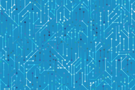 Blue seamless circuit pattern of vertical lines and dots in light blue, teal and navy, digital data stream technology background.