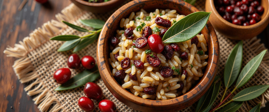 Wooden bowl of wild rice and dried cranberries with nuts for Thanksgiving recipe sites, healthy eating blogs, festive graphics