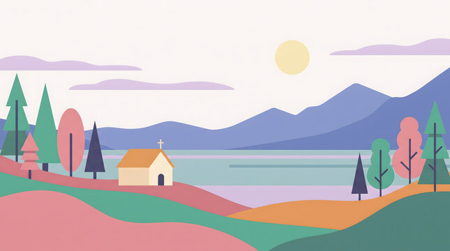 Minimalist Landscape Illustration Featuring a Serene Chapel Near a Lake and Mountain Range