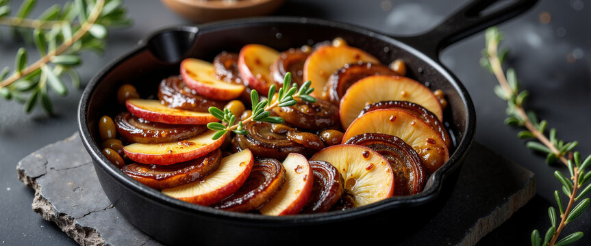 Caramelized onions and sliced apples in cast iron skillet for autumn recipe blogs, Thanksgiving side dish menus